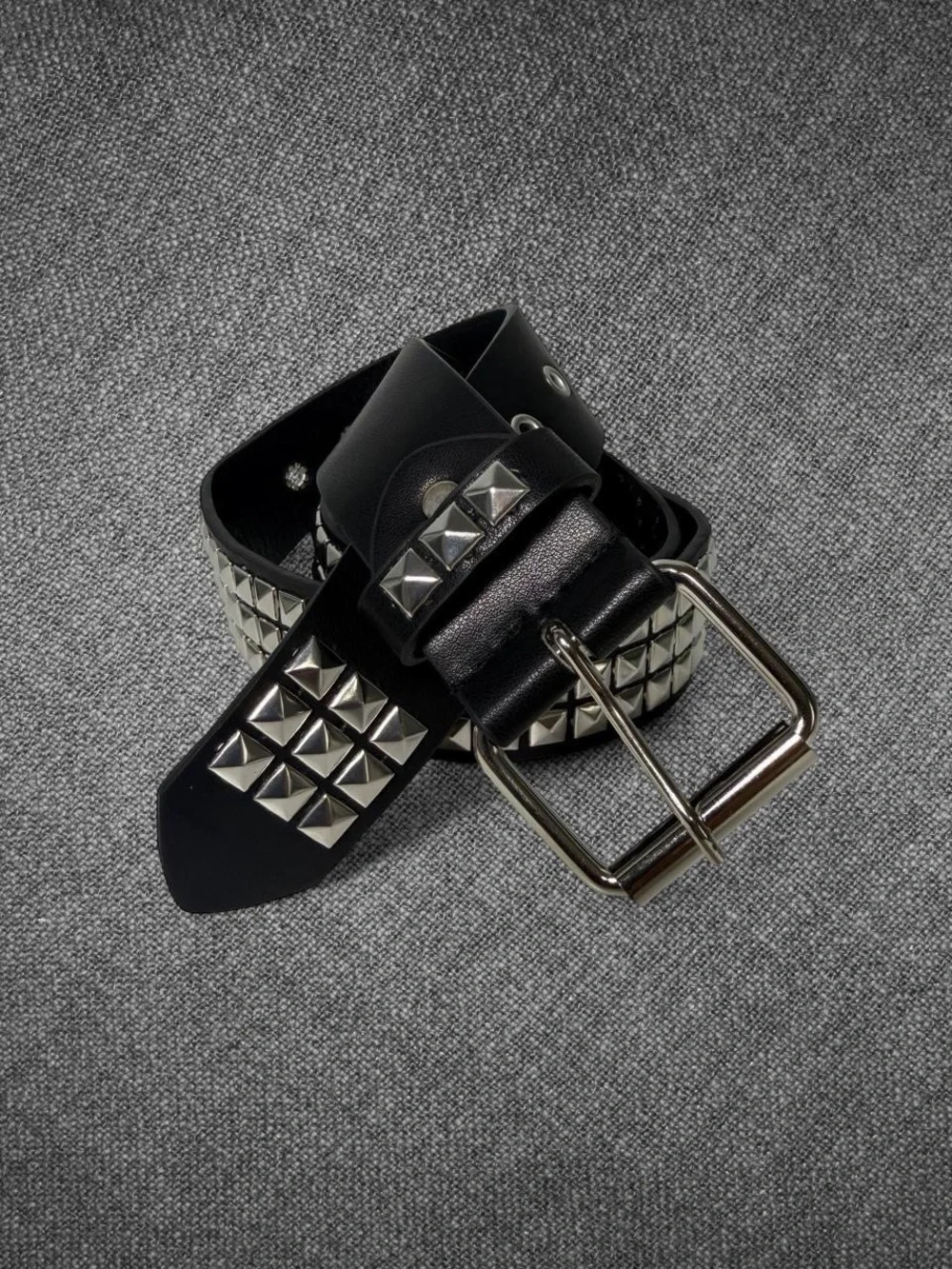 Black Leather-Look Wide Pyramid Stud Belt Silver Buckle Punk Y2K 44 Inch
